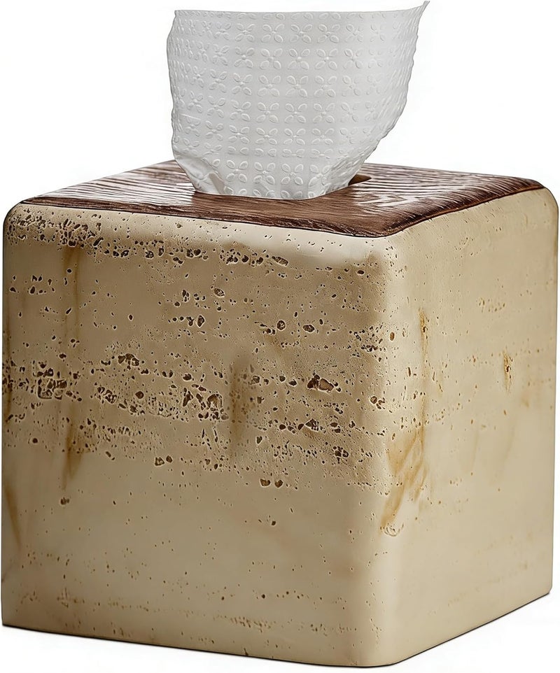 Polytree Natural Travertine & Wood Textures Tissue Box Cover Square for Home Decor,Resin Heavy Tissue Box Holder for Bathroom Countertop,Tabletop,Bedside Table,Office (Handmade of Resin) - Image 1